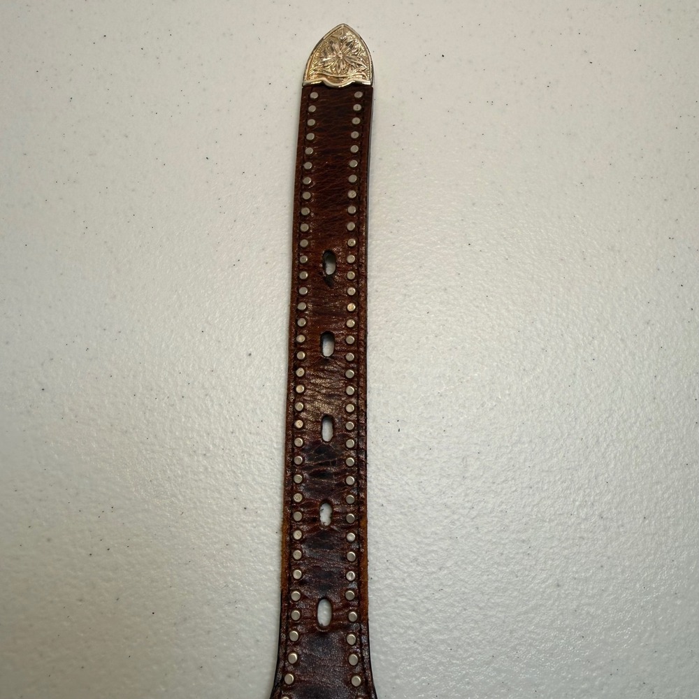 Nocona Belt Co Silver Overlay Conches Floral Embossed Metal Rawhide Belt 42 - Picture 16 of 16